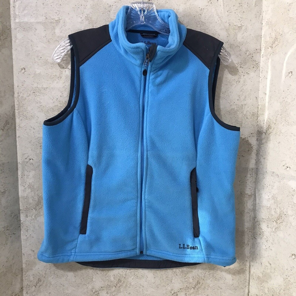 LL BEAN Womens Blue Black Full Zip Up Fleece Vest Sweater Size Medium